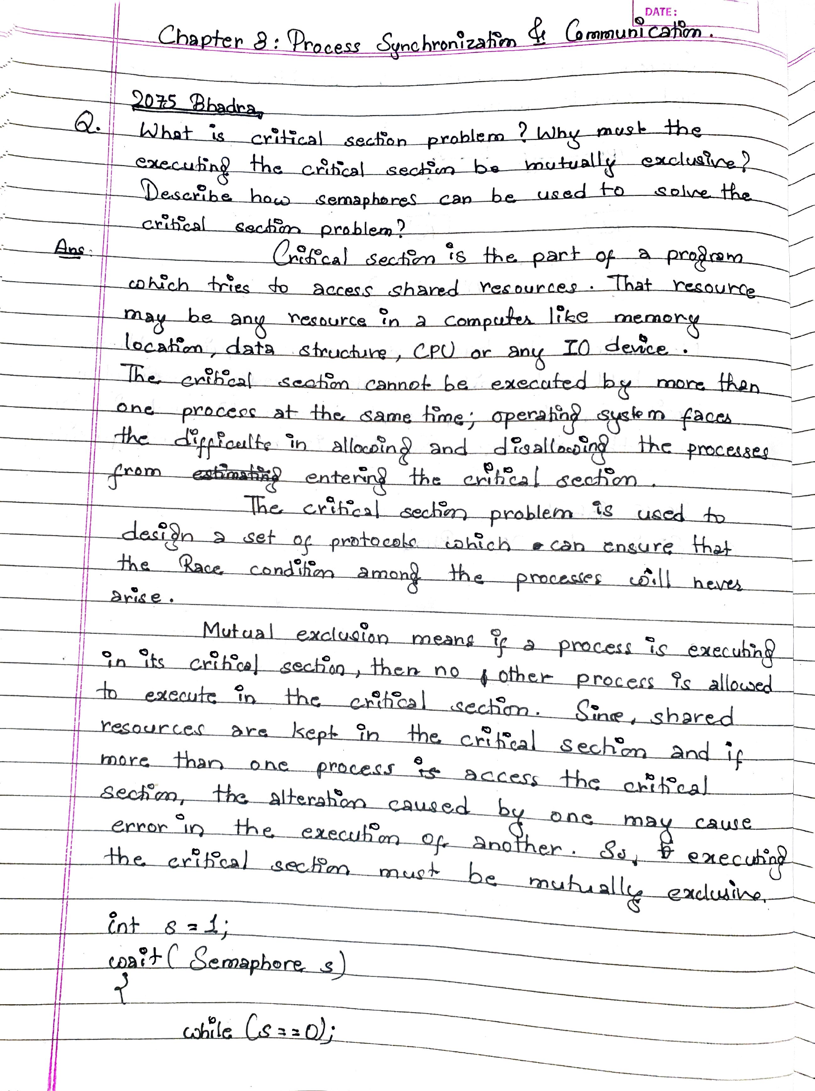 Critical section and semaphore pseudocode